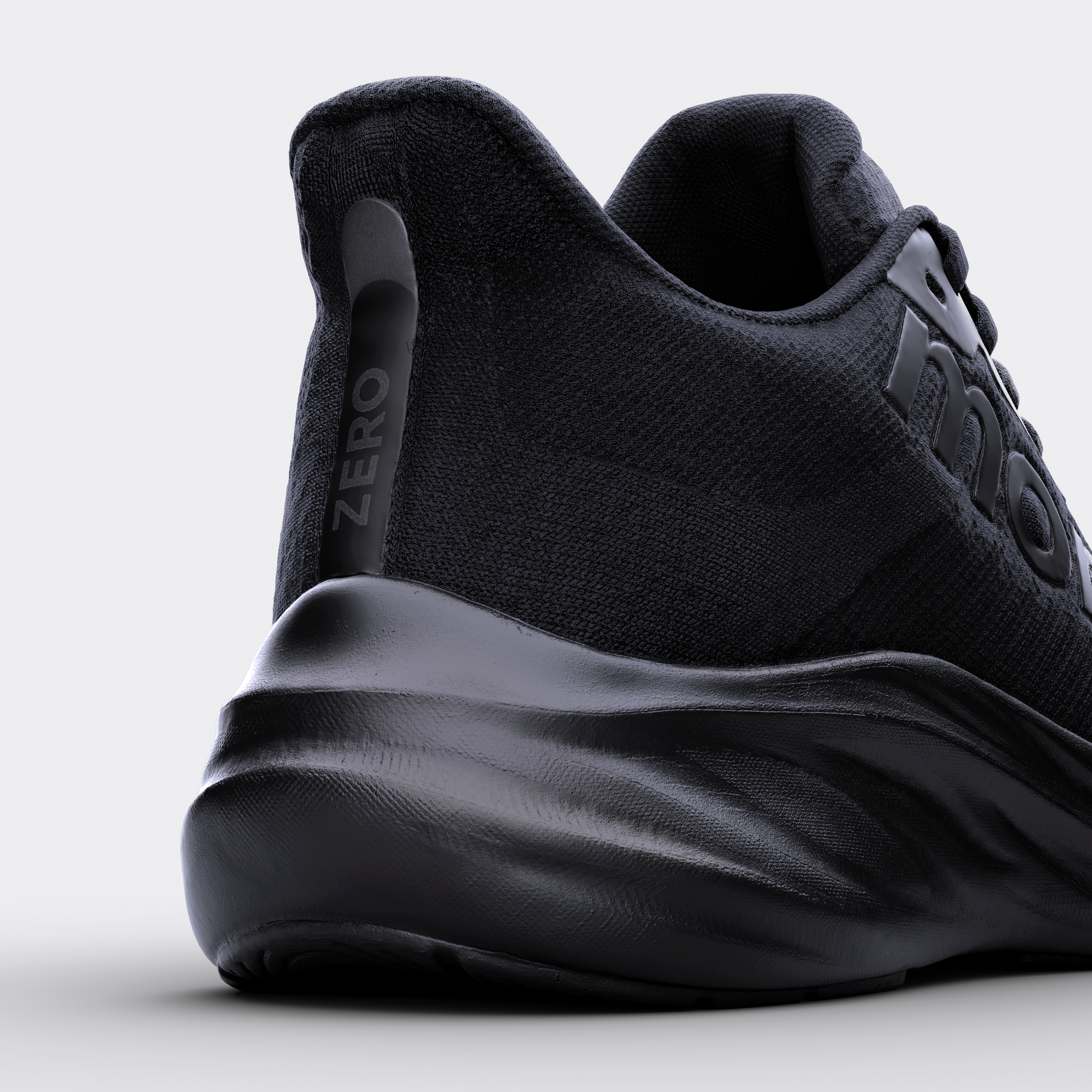 Zapatillas running Zero Haus – vista posterior, contrafuerte estabilizador y logo Monk